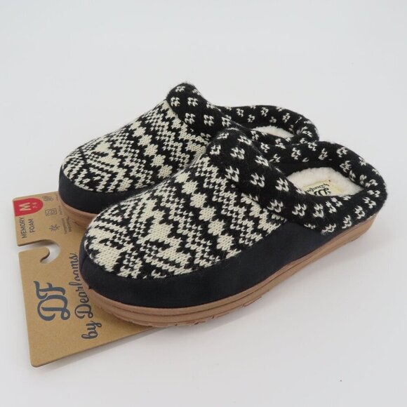 Dearfoams Medium 7-8 Black Cream Knit Memory Foam Indoor Outdoor Slippers NEW - Picture 13 of 14